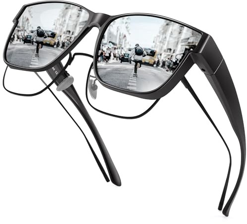 URUMQI Polarisierte Sonnenbrille Herren Damen UV400 Schutz übergroße Quadratische Sonnenbrille für Brillenträger Fit over Brille Fahren Angeln Schwarzer Rahmen