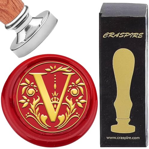 CRASPIRE Wachssiegel-Stempel Buchstabe V, Retro-Alphabet, Initialen, Siegellack-Stempel, Klassischer Vintage-Stil, 26, Buchstaben AZ, 25 mm, Abnehmbarer, Silberfarben Plattierter Messingkopf Holzgriff