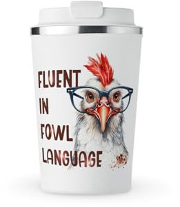 MAXIKIWI - Insulated Double Walled, Leakproof Stainless Steel Mug, Coffee or Tea Travel Tumbler with Lid, Keep Drinks Hot and Cold - Funny Chicken Glasses Fowl Language - 350ml