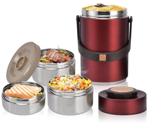 Edelstahl Thermo Lunchbox, 2,3 Liter Essen Lunch Pot, 3 Etagen Doppelwand Isoliert Lunchbehälter für Warme Speißen, Mahlzeiten, Babynahrung, Suppe, Mittagessenzum Büro, Picknick im Freien(Rot)