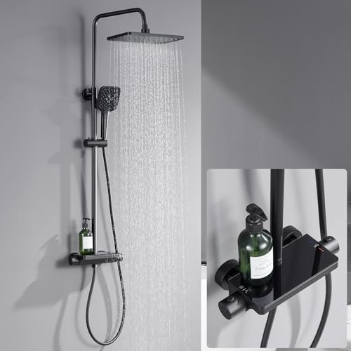 Lonheo Grifo Ducha Termostatico, Columna Ducha Negra con Estante, Alcachofa de Ducha Lluvia 30x19cm, Cabezal Ducha de Mano con 3 Modos, Duchas de Baño Columna Altura Regulable 88-124cm