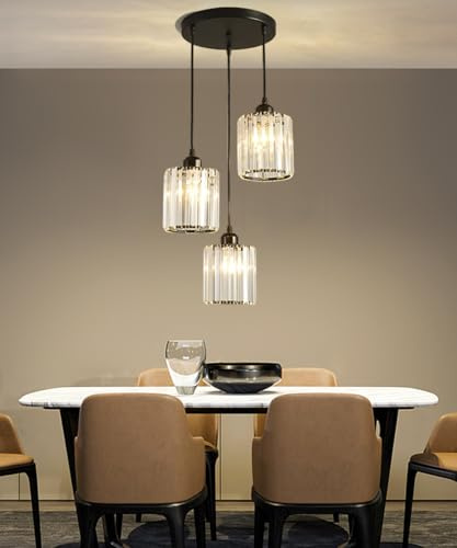 Crystal Pendant Lights Black 3 Lights Cluster Ceiling,Modern Hanging Light Fixture for Kitchen Island,Adjustable Round Chandelier for Farmhouse,Dining Room,Foyer,Living Room with LED Bulb (3 Light)