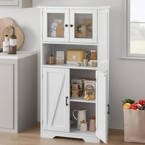 OPULENTHOME Köksskåp, badrumsskåp, högskåp, badrum, fristående toalettskåp med glasdörrar och justerbara hyllor, garderobsskåp för badrum, vardagsrum, vit
