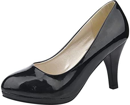 Escarpins Femme Grande Taille Mary Jane Chaussures À Talons Hauts en Cuir Verni Bouche Peu Profonde Bout Rond Chaussures De Travail Pompes Chic et Elegant 38