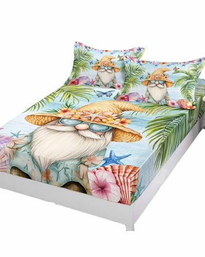 Queen Fitted Bed Sheet Deep Pocket, Summer Coastal Dwarf Palm Tree Bedding Sheet Soft Brushed Microfiber Fitted Sheets, Blue Ocean Starfish Hotel Luxury Fitted Bottom Sheet with Pillowcase Set
