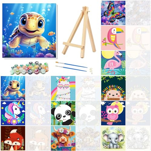 Gemozaic 12 Pack Paint by Numbers Kit for Kids with Frame and Easel, Easy Paint by Numbers Kits for Adults Beginners, Small Painting by Number for Birthday Gift, Painting Party(8X8inch)