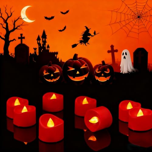 Charfia 12PCS Halloween Candle, Flameless Red Halloween LED Tea Lights Candle Tealights Decor, Battery Operated Lamp LED Candle Lanterns Fake Candles Party Decorations Indoor