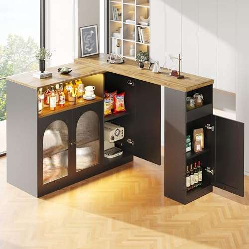 LINKHOO Table de Bar pivotant à 360°, avec Bureau en Bois veiné, avec Porte d'armoire en Verre Changhong et éclairage LED, Corps Principal 198 x 39,6 x 97 cm, Noir