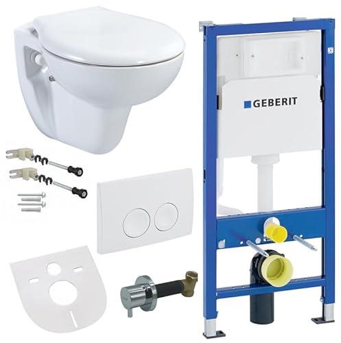 Belvit Hänge WC Komplett Set mit Bidet Funktion - Wand Toilette Weiß mit Taharet und Geberit UP100, seitlichem Bedienhebel, Toilettendeckel mit Absenkautomatik & Betätigungsplatte