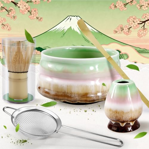 Matcha Set,Matcha Tee Set,Matcha Besen Set,Matcha Schale,Matcha Filtersieb | 5 teiliges Stylisches Matcha Set mit Matcha Besen, Matcha Filtersieb und Matcha Schale,Perfekt für Einsteiger