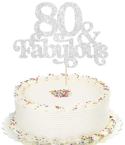 Ephlyn 1Pc 80 & Fabulous Cake Topper Glitter Eighty and Fabulous Cake Toppers Happy 80th Birthday Cake Pick for 80th Wedding Anniversary Birthday Party Decorations Supplies Silver