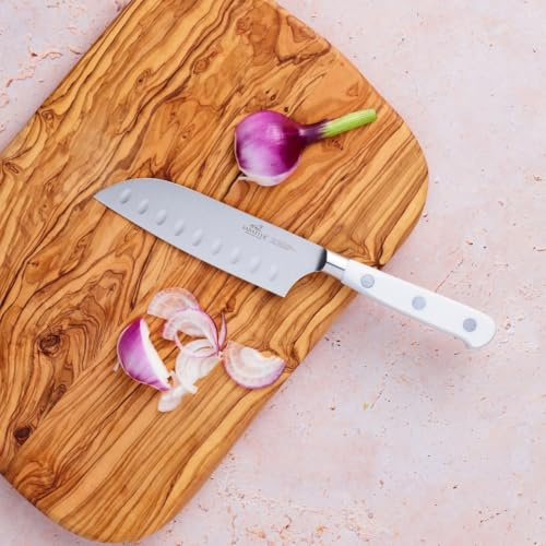 SABATIER - Couteau Mini Santoku IDEAL TOQUE BLANCHE 100% Forgé - Fabriqué en France - 13 cm - Lame Alvéolée et Rivets Inox - Idéal pour Trancher, Emincer et Hacher avec Précision