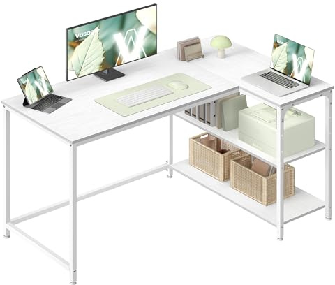 VASAGLE L-format hörnskrivbord, datorspelskrivbord med förvaring, vändbara höjdjusterbara hyllor, för hemmakontor, 120 x 80 cm, lönnvit LWD136WF01