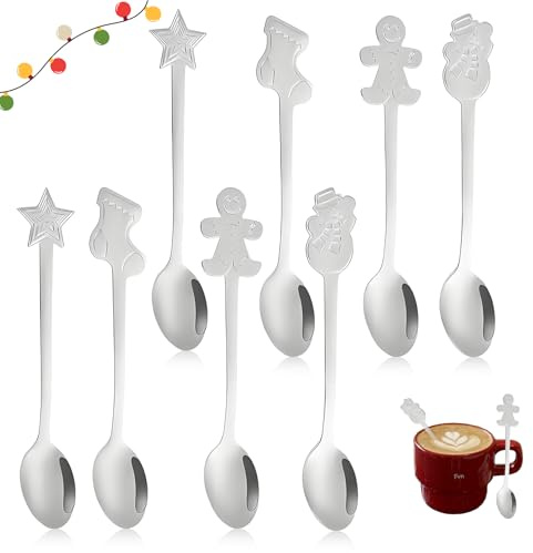 Weihnachtsgeschirr,8-Teiliges Weihnachtslöffel,Weihnachten Löffel Besteck,Lebkuchen Kochlöffel set Weihnachts,Christmas für Dessertgläser Dessertschale Kaffeelöffel Weihnachtstassen (Silber)