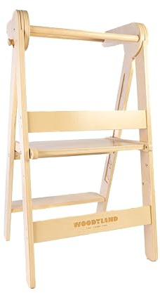 WOODYLAND Torre montessoriana Find, sgabello bambini regolabile e salvaspazio in legno naturale, ideale per cucina e bagno, 18 Mesi–6 Anni, 118 x 56 x 18 cm