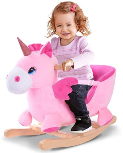 BAKAJI Unicorno a Dondolo Cavalcabile Peluche Giocattolo per Bambini con Effetti Sonori Maniglie e Cintura di Sicurezza (Pink Unicorn)
