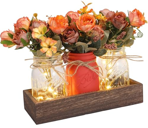 Wdmsxzdq Mason Jar Farmhouse Centrepiece with LED Fairy Lights, Wooden Tray & Faux Flower Arrangement — Rustic Table Décor for Dining Room, Kitchen, Coffee Table or Living Room