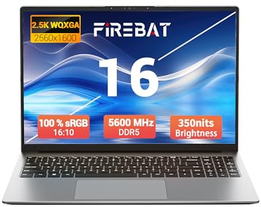 FIREBAT 16 inch Laptop,Ryzen 7 H 255 (8C/16T up to 4.9GHz), 16GB DDR5 512GB SSD, 2560x1600 QHD 120Hz IPS, Radeon 780M Graphics, Backlit Keyboard, Gaming & Business Notebook