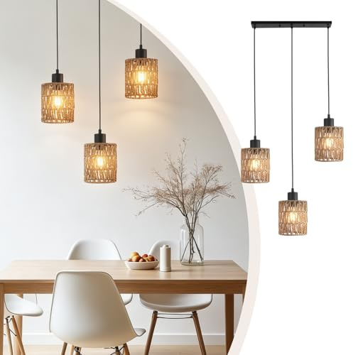 FIRVRE Boho Rattan Deckenlampe, Boho Lampe mit 3 Rattan Lampenschirm, Deckenleuchte Hängend für Schlafzimmer, Wohnzimmer, Esszimmer, Küche, Flur