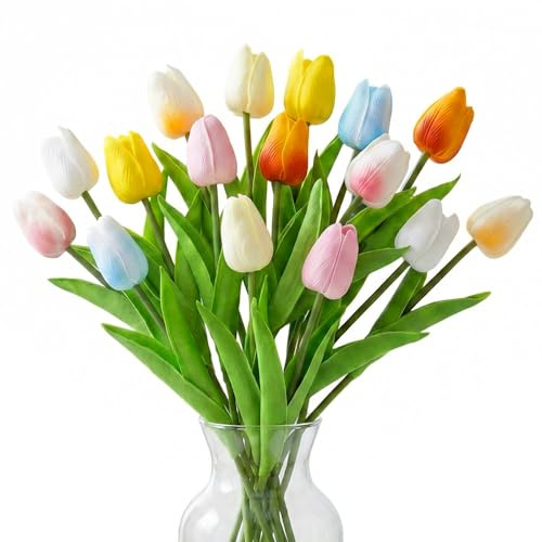 Tulpen Künstlich wie Echt - 16 Stück Bunte Künstliche Tulpen Latex Blumen Real Touch Kunsttulpen Gefälschter Tulpenstrauß kunstblumen tulpen kunst tulpen für Frühling Deko Heim Hochzeit Vase Tischdeko
