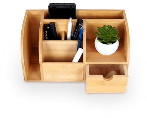 Joyeee Schreibtisch Organisator aus Holz mit Schublade, Papierhalter, 6 Fächer Desk Organizer Schreibtischablage, Stiftehalter aus Bambus, Ablage für Schreibtisch & Home-Office