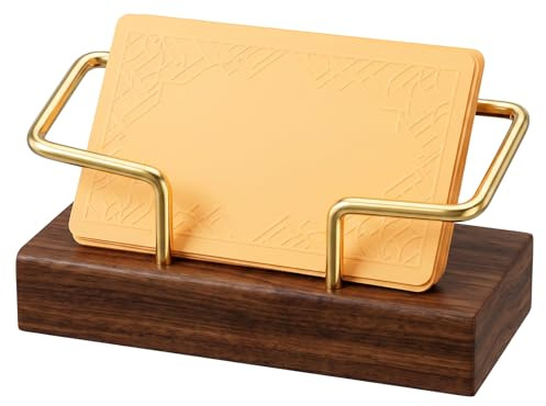Professional Business Card Holders- Wood Base Business Card Holder For Desk | Walnut Wood Business Card Holder With Gold Metal Frame- Large Capacity Business Card Stand