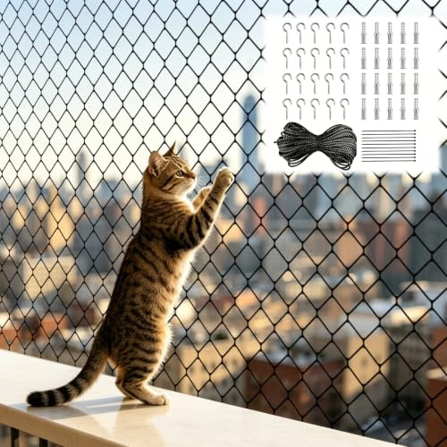 FUDUOXIAO Katzennetz für Balkon, 8x3m Katzenschutznetz Schwarz Katzennetz Drahtverstärkt Ohne Bohren mit Seil Dübel, Zuschneidbar Balkonnetz für Katzen zur Sicherung von Fenster Terrasse Balkon