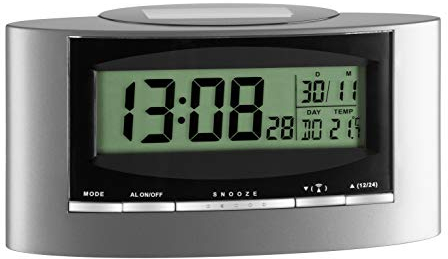 TFA Dostmann Digitaler Funkwecker, 98.1071,mit Temperatur, komplett solarbetrieben, Wochentag und Datum, Temperaturanzeige, Kunststoff, Silber-schwarz, L 156 x B 52 x H 81 mm