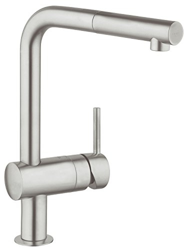 GROHE Minta - Rubinetto per lavello da cucina con doccetta estraibile (bocca a L, raggio di rotazione di 360°, cartuccia in ceramica da 46 mm, attacchi da 3/8 pollici), Supersteel, 32168DC0