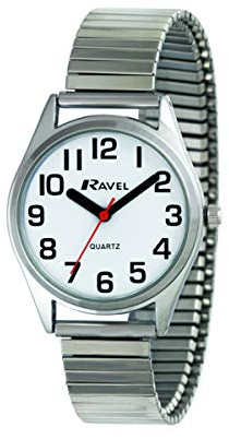 Ravel - Montre Unisexe à Bracelet Extensible en Acier Inoxydable avec Super Grands Chiffres et Aiguilles - Ton argenté/Cadran Blanc