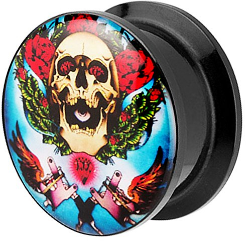 Piersando Ohr Plug Piercing Kunststoff Motiv Comic Picture Flesh Tunnel Ohrplug mit Totenkopf Schwarz Bunt 6mm