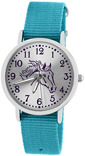 Pacific Time Montre-bracelet pour enfant fille garçon montre cheval bracelet textile, Bleu clair (10308), Sangles
