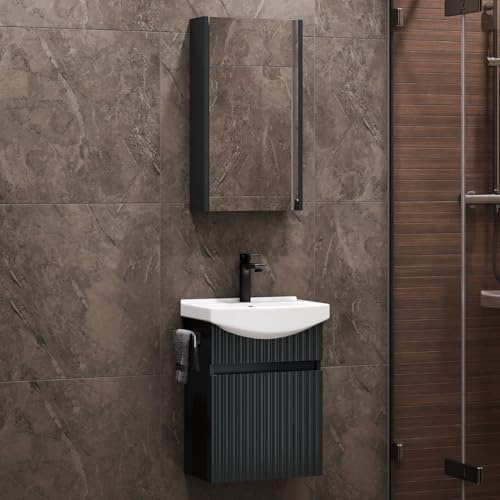 Planetmöbel lavabo con base da 45 cm con lavandino bagno in ceramica e armadietto a specchio 40 cm, set di mobili da bagno per WC ospiti, antracite opaco
