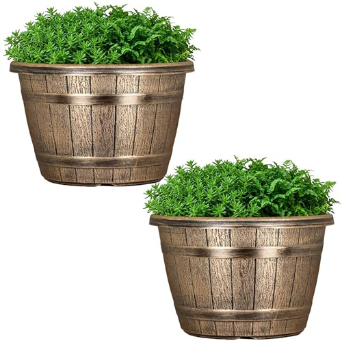 SG Antique Barrel Planter - Outdoor Large Round Garden Planter Pot, Rustic Design, Durable Weatherproof Plastic Flower Pot with Drainage Holes for Patio, Balcony, Garden (25cm - Pack of 2)