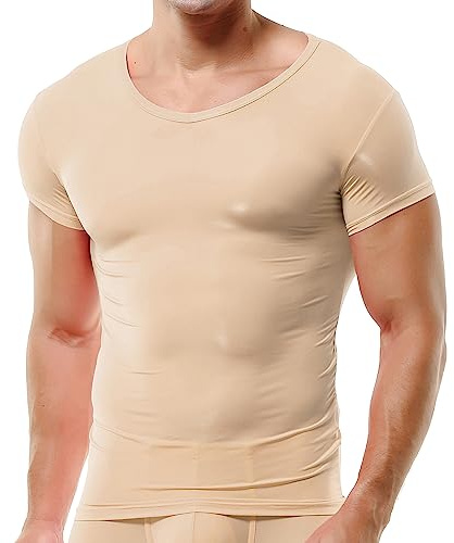 QiaTi Men's Undershirt Short Sleeves T-Shirt Crew-Neck Slim Fit Body Shaper Underwear for Men Beige