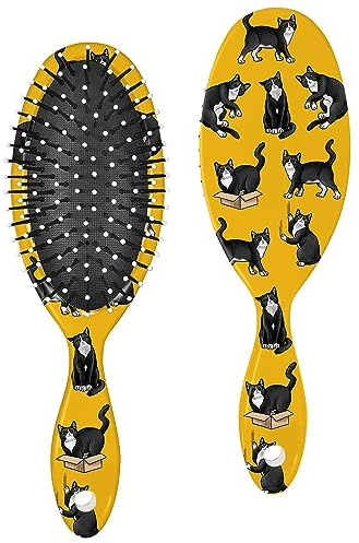 WIRESTER Detangle Hair Brush For All Hair Types, Comb Hair Brush for Girls Women Suitable for Wet and Dry Hair - Black White Tuxedo Cat Playful Postures