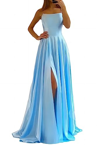xxxiticat Eleganta långa balklänningar för kvinnor, satin, A-linje, bröllopsklänning, aftonklänningar, sexig halterneck, spaghetti, brudklänning, lång, prinsessa, brudtärneklänning, Aqua, S
