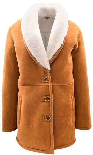 House Of Leather Damen Cognac Schaffell Mantel Mittellang Weiß Merino Klassische Jacke Brenda, cognac, 46