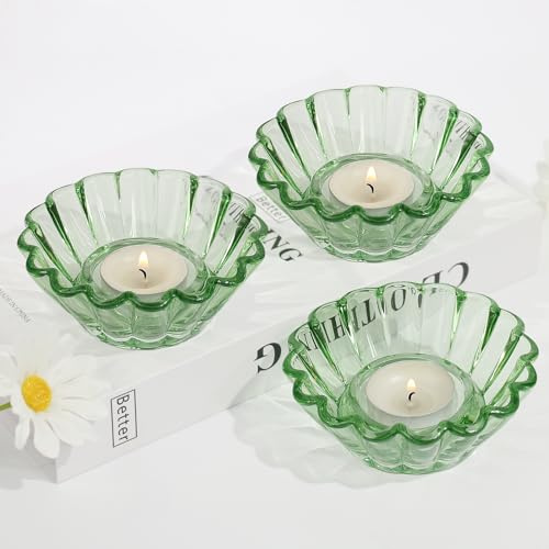 HofferRuffer Grün Teelichthalter Glas 3er Set, Teelichtgläser für Hochzeit, Geburtstag, Tischdeko