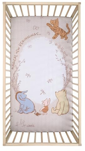 Lambs & Ivy Disney Baby Pooh Bear & Pals Spannbetttuch für Babybett, 100 % Baumwolle | Winnie Puuh Fotomotive Classic Pooh, Ferkel, I-Aah und Tigger, passend für Standard-Kinderbetten