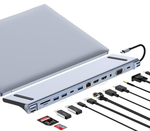Station d'accueil USB C 12-en-1 avec Support PC Portable, Hub Multiport vers Double HDMI 4K & DP, Charge PD 87W, Ethernet RJ45, SD/TF, Docking Station pour Windows, Mac OS
