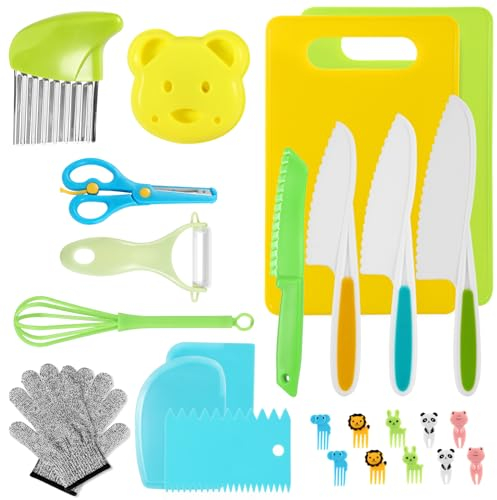 AECIASO Lot de 27 Couteaux de Cuisine pour Enfants, Kit Couteaux de Sécurité pour Couper Fruits ou Légumes, Couteaux Dentelés, Planche à Découpe et Plus D'accessoires de Cuisine