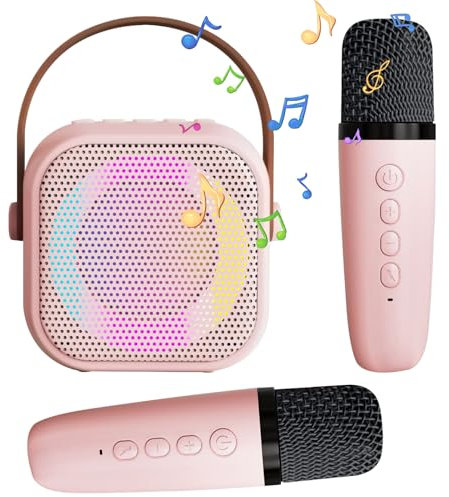 Karaoke per bambini, karaoke con microfono, microfono bluetooth con 2 Microfono, Portatile Karaoke Microfono con Cambio di voce e Luci LED, Altoparlante Bluetooth con Microfono (rosa)