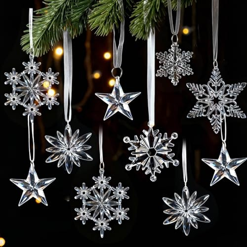 VOPIWOZ 15 STK Schneeflocken Weihnachtsbaum Deko, Acryl Anhänger Weihnachten Mit 10m Weihnachtsseil, Schneeflocken deko hängend Geeignet für weihnachtsdekoration winterdeko Hochzeitsdekoration