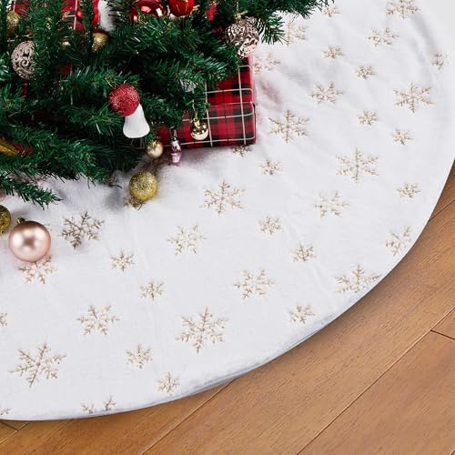 Weihnachtsbaum Röcke 78CM, weißer Weihnachtsbaum Decke mit goldenen Schneeflocken, Plüsch Baumrock für Urlaub Dekorationen Home Party
