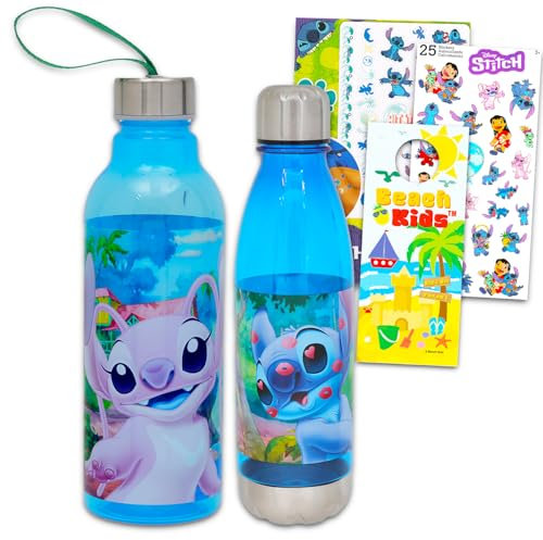Disney Stitch and Angel Bouteilles d'eau réutilisables pour filles – Ensemble de 2 bouteilles d'eau réutilisables pour la maison, l'école, le sport Plus des autocollants, des tatouages et plus encore