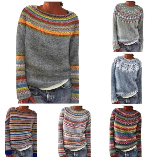 Generisch Strickpullover Damen Oversize - Norweger Pullover Winter Elegant Rundhals Sweatshirt Casual Winterpullover Mit Aufdruck Gestrickter Pullover Warme Bequem Langarm Mode Autumn Oberteile
