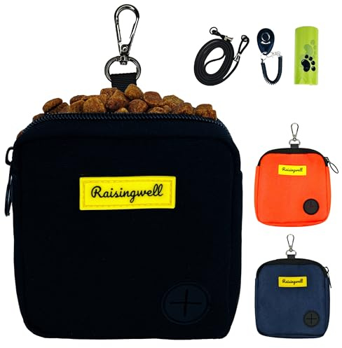 Raisingwell Dog Treat Pouch for Pet Walking and Training with Clicker Poop Bags Small Fanny Zipper Pack Holder for Puppy Snack Dispenser Kit for Leash and Outdoor Use (Black)