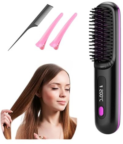 Go Brush Pro, Cordless Hair Straightener Brush, Cordless Hair Straighteners with 3 Temperature Modes Rechargeable Heated Styling Brushes for Hairs Styling Travel for Office Home (A)