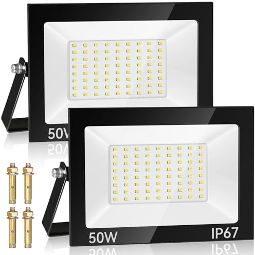 50W Faretto LED da Esterno 2 Pezzi, Faro LED da Esterno 5000LM 7000K Faretti LED, 72 Chips IP67 Impermeabile Super Luminoso Bianco Freddo Luce di Sicurezza per Giardino, Cortile, Terrazza, Patio